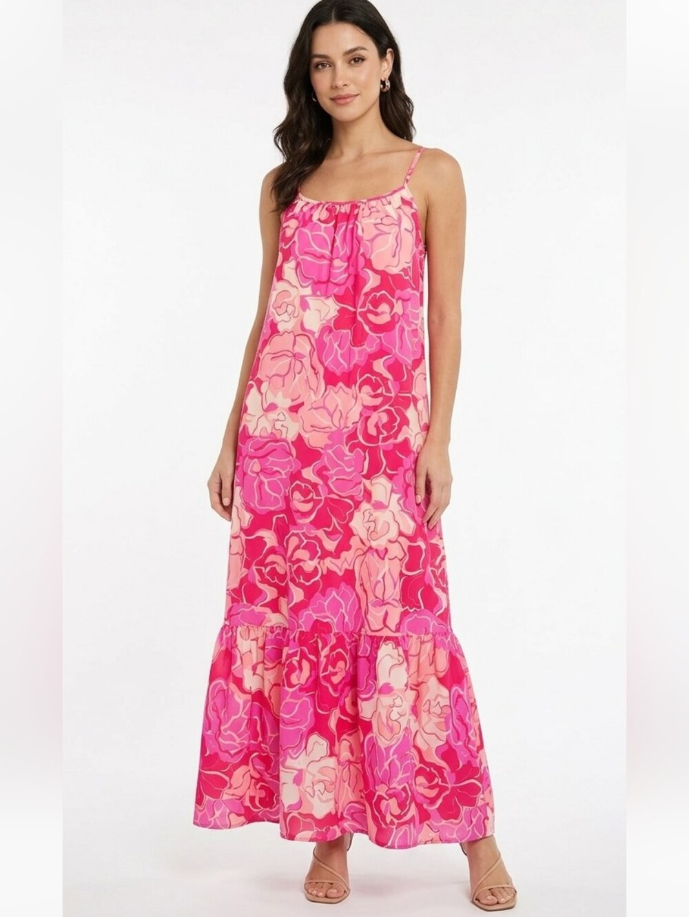 Dokotoo Vibrant Pink Abstract Floral Tiered Maxi Dress Size M